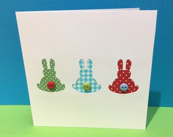 Bunnies Card - Rabbit Card, Easter Card - with Button Tails - Paper Cut Handmade Greeting Card