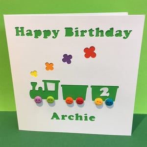 Personalised Birthday Card with a Train - Paper Cut Steam Train with Button Wheels - Handmade Greeting Card - Paper Cut - For a Boy, Child
