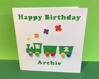 Personalised Birthday Card with a Train - Paper Cut Steam Train with Button Wheels - Handmade Greeting Card - Paper Cut - For a Boy, Child