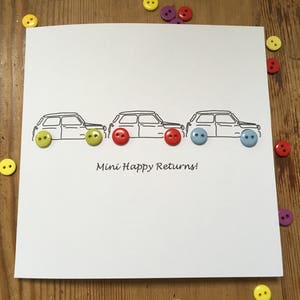 Minis Birthday Card Car Birthday Card 3 Little Minis with Button Wheels Handmade Greeting Card Husband Boyfriend Son Boy image 1