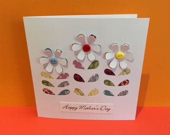 Mother's Day Card - Paper Cut Flower Card  - Buttons - Personalised Handmade Greeting Card - Mothering Sunday - Mum, Mom for Her