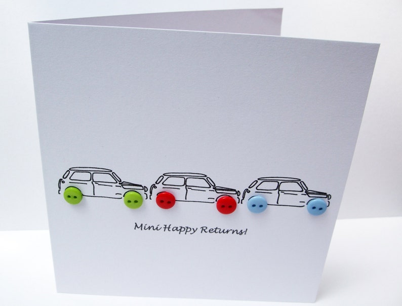 Minis Birthday Card Car Birthday Card 3 Little Minis with Button Wheels Handmade Greeting Card Husband Boyfriend Son Boy image 4