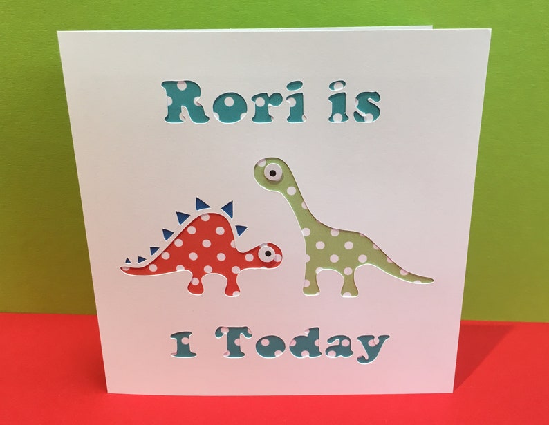 Personalised Dinosaur Birthday Card for a Child with Name and Age Dino Card for a Boy Paper Cut Card Handmade Greeting Card image 1
