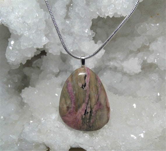 Rhodonite Necklace,  Rhodonite Teardrop Pendant, Sterling  Silver Necklace, Rhodonite Gemstone Necklace