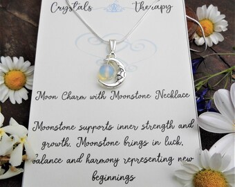 Moonstone Bead Necklace,  Moonstone with a Moon Charm Pendant on a 925 Silver Necklace, Personalised Necklace