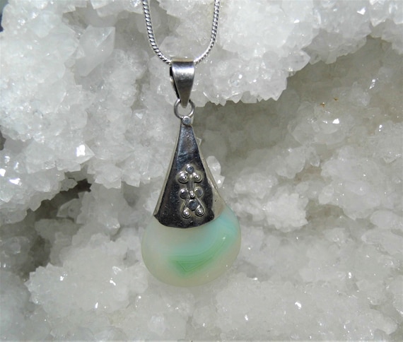 Light Green Agate Necklace, Light Green Agate Pendant, Gemstone Necklace, Sterling Silver Necklace, Crystals for Healing