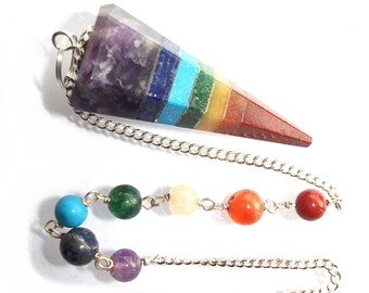 7 Chakra Stone Crystal Point Dowsing Pendulum & Keepers Pouch