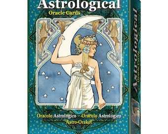 May include: A deck of Astrological Oracle Cards with a blue, green and gold design. The front of the box features a woman with a crown standing in front of a crescent moon and stars. The text on the box reads "Astrological Oracle Cards".