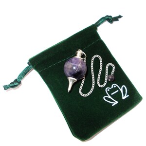 May include: Amethyst pendulum with a silver chain and a small amethyst bead at the end. The pendulum is in a green velvet pouch with a white frog design.