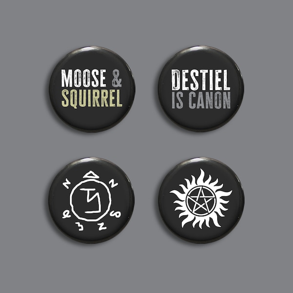 Supernatural cosplay badges | moose and squirrel pins | Destiel is canon | Sam Dean Winchester tattoo buttons | SPN anti possession sigil