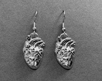 May include: A pair of silver earrings featuring a detailed anatomical heart design. The earrings are dangle style with a silver hook.