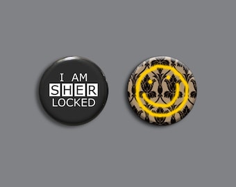 Sherlock cosplay badges | I Am Sherlocked pins | Irene Adler phone screen | Bored wallpaper face | Johnlock OTP buttons | comfort character