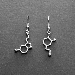 May include: A pair of silver earrings shaped like the chemical structure of dopamine. The earrings are dangling and have a simple design.