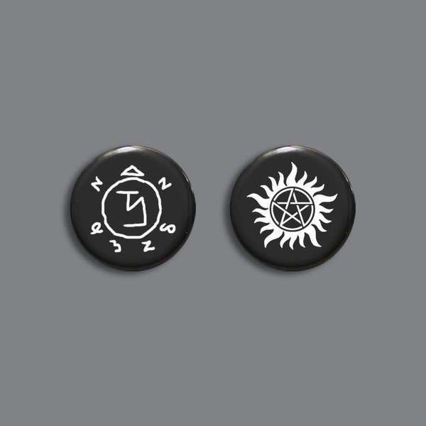 Supernatural cosplay badges | Sam and Dean Winchester tattoo buttons | banishing sigil pin | SPN symbols | comfort character gift