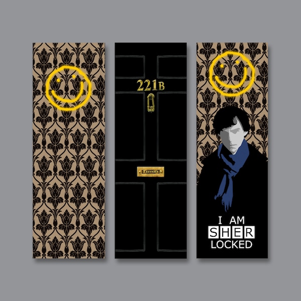 Sherlock bookmarks | 221B Baker Street front door | I Am Sherlocked Wallpaper | bored face | comfort character | geek fandom TV merchandise