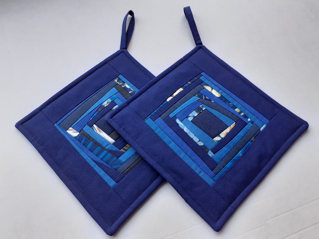 Blue Pot Holders Set of 2 Quilted Patchwork Potholders Etsy