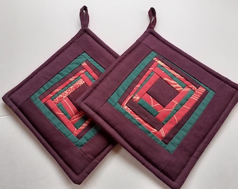 Pot Holders Set of 2 Modern Quilted Patchwork Potholders  Padded Fabric Pads Kitchen Decor