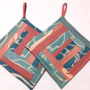 Patchwork Pot Holders Set Of 2 Handmade Potholders Quilted Kitchen Decor