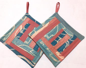 Patchwork pannenlappen set van 2 handgemaakte pannenlappen gewatteerd keukendecor