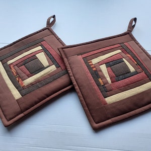 Set Of 2 Pot Holders Handmade Patchwork Brown Yellow  Patchwork  Quilted Pot Holders