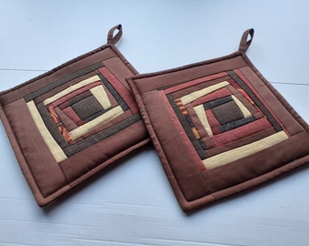 Handmade Patchwork Pot Holders: Brown & Yellow Quilted Set
