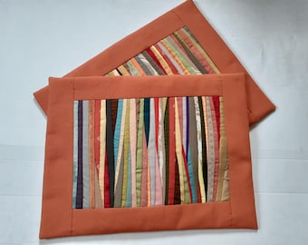 Handmade Patchwork Quilted Place Mats: Orange Multicolored Table Decor