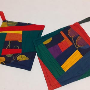 Quilted Potholders Red Green Yellow Patchwork Fabric Handmade Pot holders Kitchen Decor Mug rug
