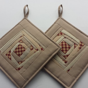 Pot Holders Quilted  Beige Red Fabric Potholders  Gift for Mom Set of 2