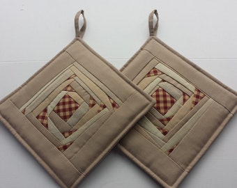 Pot Holders Quilted  Beige Red Fabric Potholders  Gift for Mom Set of 2