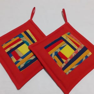 Fabric Potholders St of 2 Red Patchwork Potholders Handmade Kitchen Decor Gifts Quilted Patchwork