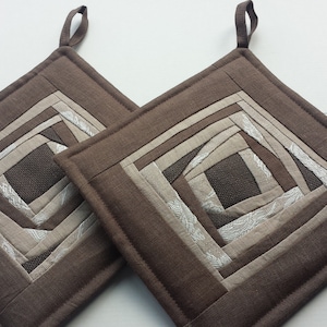 Pot Holders Quilted Patchwork Linen Handmade Potholders  Set of 2