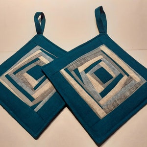 Pot Holders Set Of 2 Linen Quilted Sea Blue Padded Pot Holders
