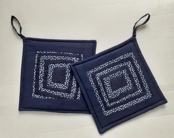Linen Cotton Blue Pot Holders Set Of 2 Quilted Patchwork Potholders