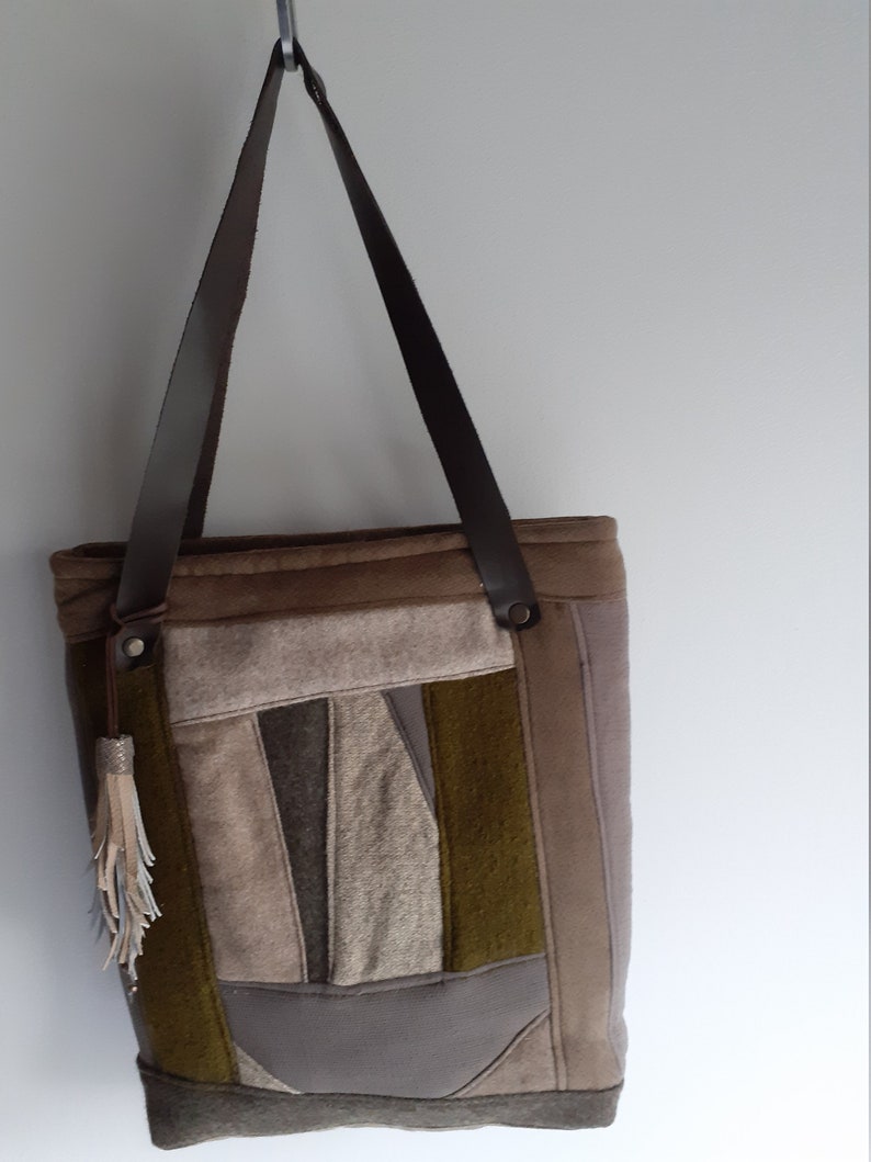 Zip Up Bag Hand Bag Tote Bag Wool Fabric Leather Handles