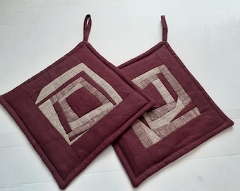 Pot Holders Purple Gray Linen Set Of 2 Patchwork Potholders Kitchen Decor