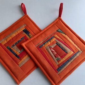 Pot Holders Orange Set Of 2  Quilted Patchwork Padded Pot Holders Handmade Gifts