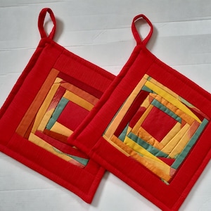 Pot holders Red Yellow Potholders  With Loop Handmade Fabric Kitchen Decor Set of 2