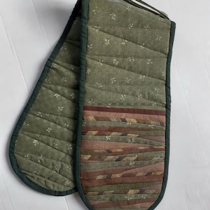 Long Oven Mitts Double Pocket Potholder Green Brown Handmade Cotton Oven Mitt