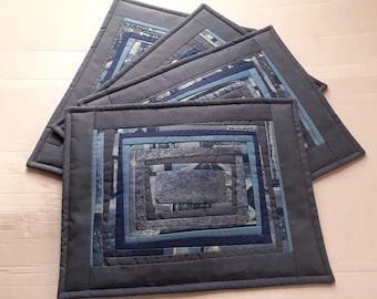 Quilted Patchwork Placemats - Blue Gray Table Mats, Set of 4