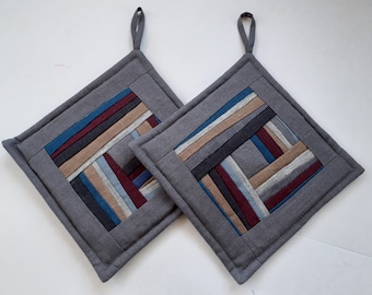 Pot Holders Set Of 2 Linen Quilted Gray Brown Blue Padded Pot Holders