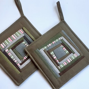 Potholders Set Of 2 Green Brown Linen Kitchen Decor  Gift Idea