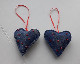 Hanging Heart Denim Valentines Heart Home decor Quilted Hanging Heart Set Of 2 Needle Cushion