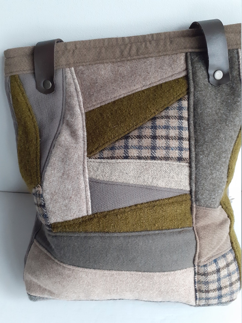 Zip Up Bag Hand Bag Tote Bag Wool Fabric Leather Handles