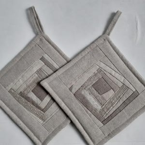Presine trapuntate, set di 2, decorazione da cucina in tessuto di lino, pizzo di lino
