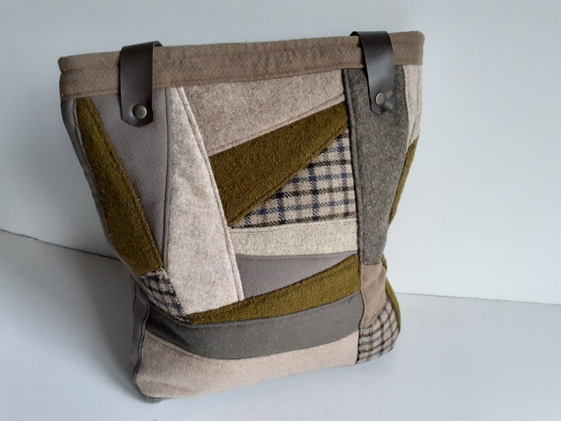 Zip Up Bag Hand Bag Tote Bag Wool Fabric Leather Handles