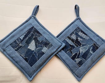 Potholders Set Of 2 Denim Potholders Blue Kitchen Craft Fabric Pads Patchwork Potholders
