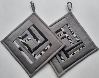 Kitchen Decor Set Of 2 Quilted Pot Holders Quilted Potholders Quilted Grey  Black Fabric  Handmade Patchwork