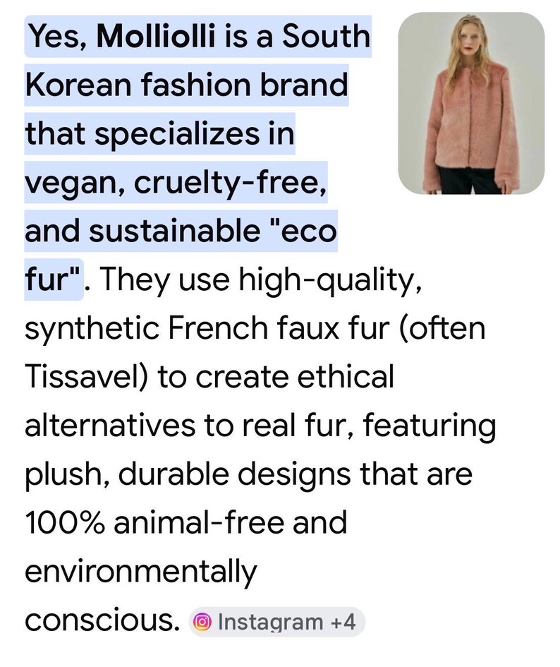 Op de afbeelding: De afbeelding toont tekst over Molliolli, een Zuid-Koreaans modemerk dat gespecialiseerd is in veganistisch, diervriendelijk en duurzaam "eco-bont". Een model draagt een roze imitatiebontjas. Het merk gebruikt hoogwaardig synthetisch Frans imitatiebont.