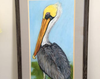 Peinture originale à l'aquarelle PELICAN par Denise M. McHugh, emmêlée encadrée