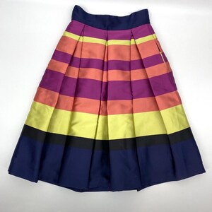May include: A pleated skirt with horizontal stripes in shades of navy, black, yellow, coral, purple, and pink. The skirt has a navy waistband and a full, A-line silhouette. The fabric appears to have a slight sheen.